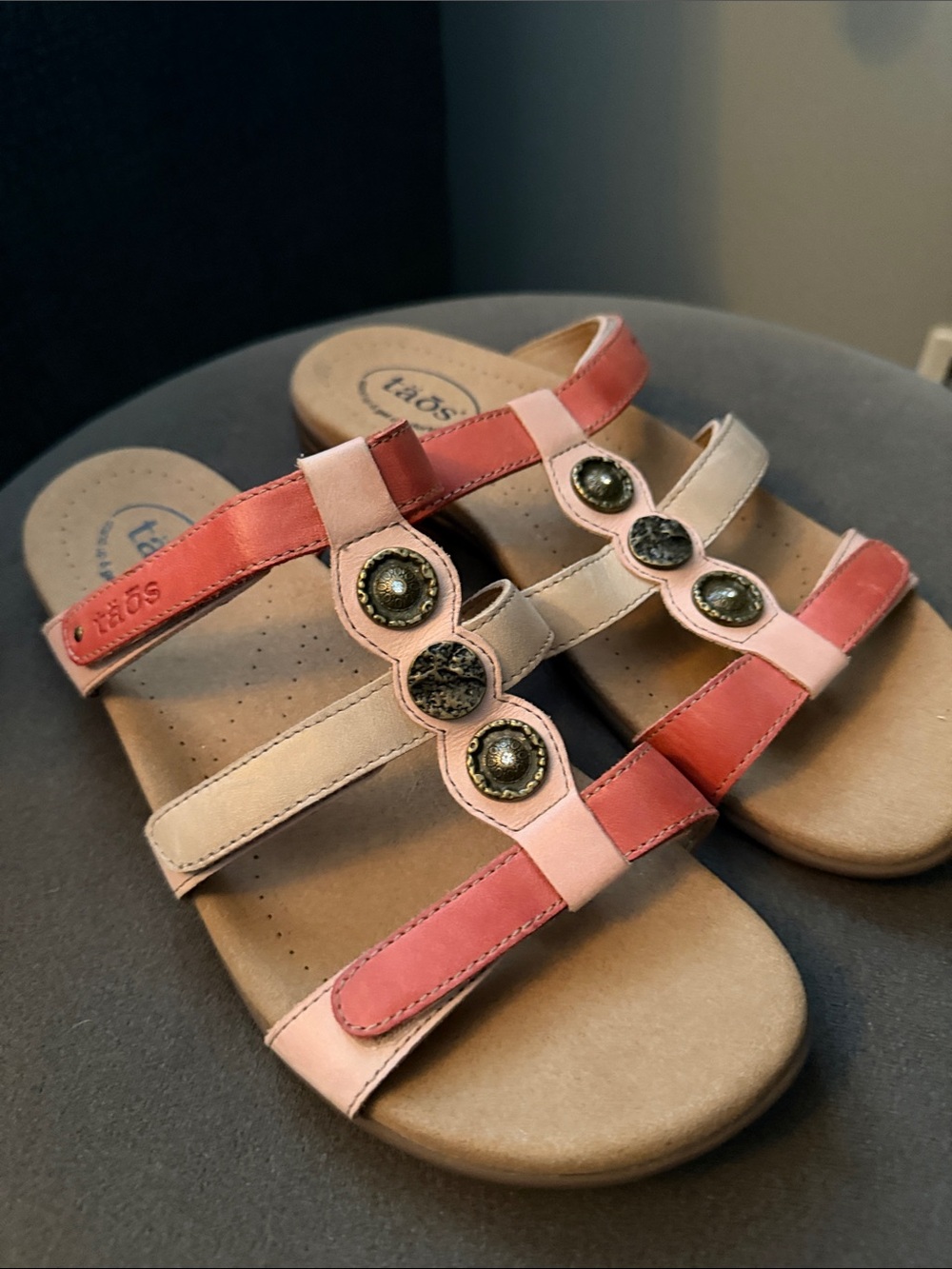 Taos Footwear Prize 4 Bruschetta Womens 10 Slide Leather Sandals Boho Coral Pink
